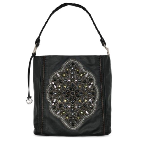 Brighton Anjulina Anju Black Beaded Soft Leather Bucket Shoulder Bag F147953 - Picture 1 of 16